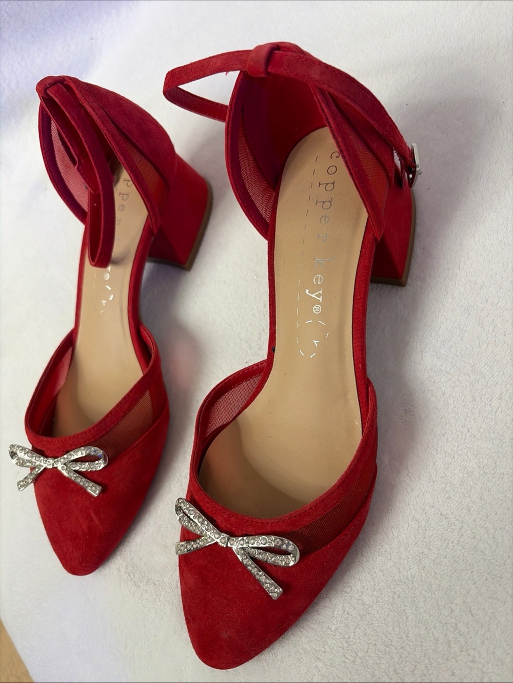 Copper Key Red Suede Pointed-Toe Ankle-Strap Heels with Rhinestone Bow - Picture 4 of 7